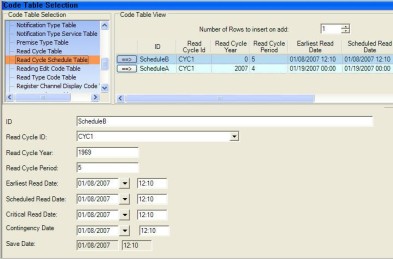 The read cycle schedule selected on the code table selection tab.